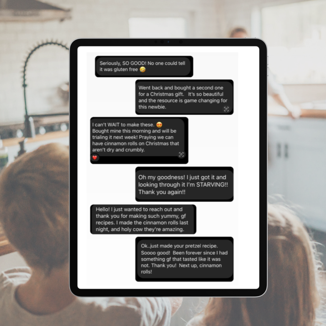 An ipad with positive reviews of gluten free food like cinnamon rolls and pretzels 